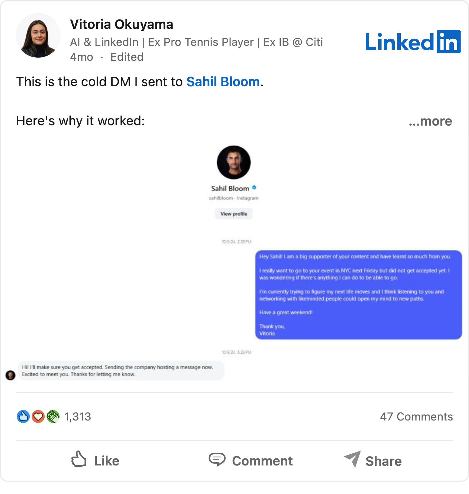 The cold DM Vitoria sent Sahil Bloom and his reply
