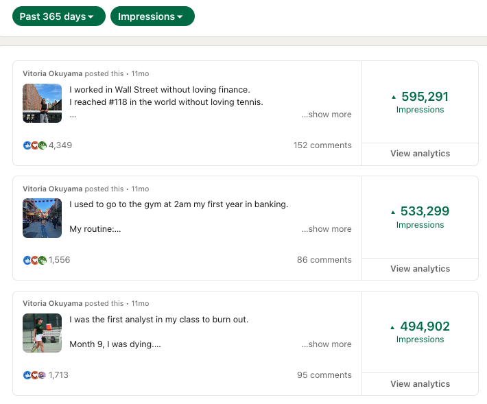 Top 3 posts with 595,291, 533,299 and 494,902 impressions